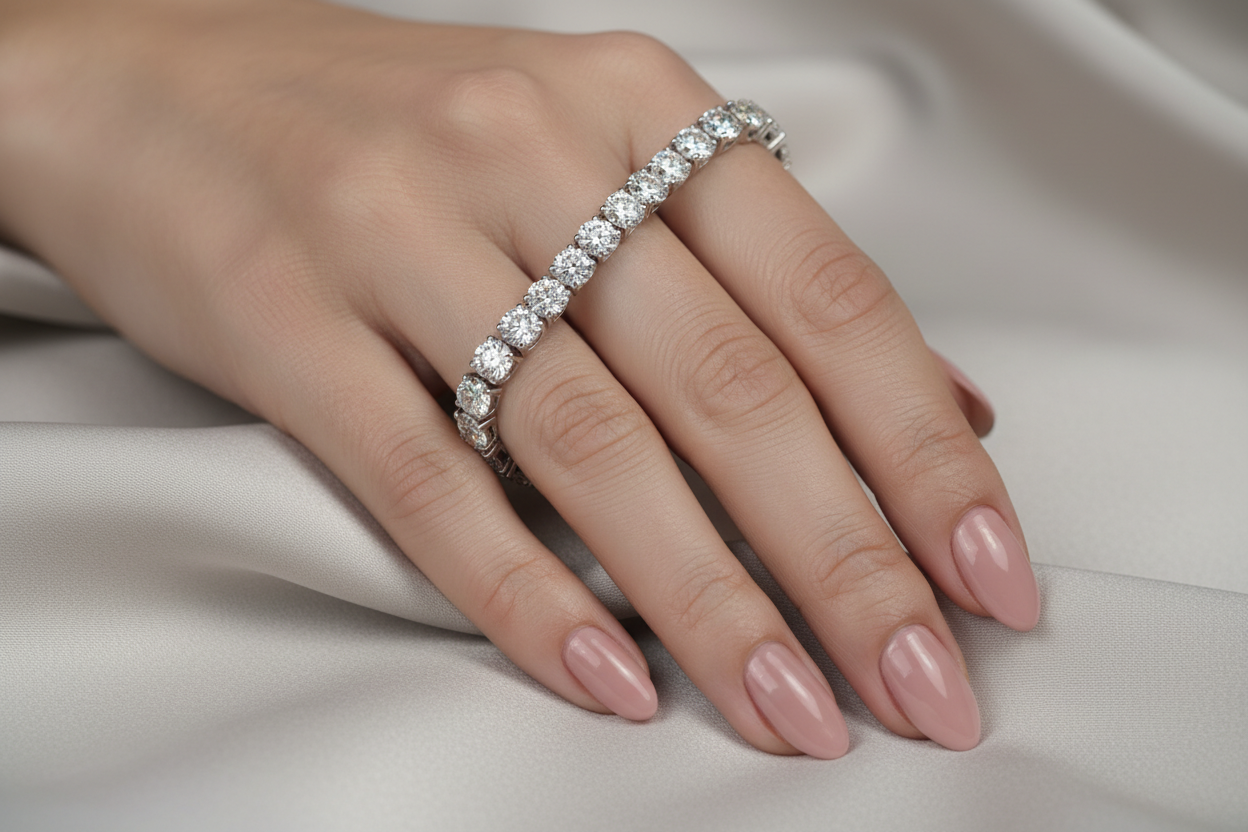 A HAND OF A MODEL WEARING TENNIS BRACELET 