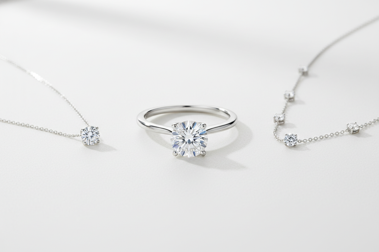 MINIMAL DIAMOND JEWELRT WITH SOLITAIRE RING AND SOLITAIRE CHAIN AND PENDENTANT